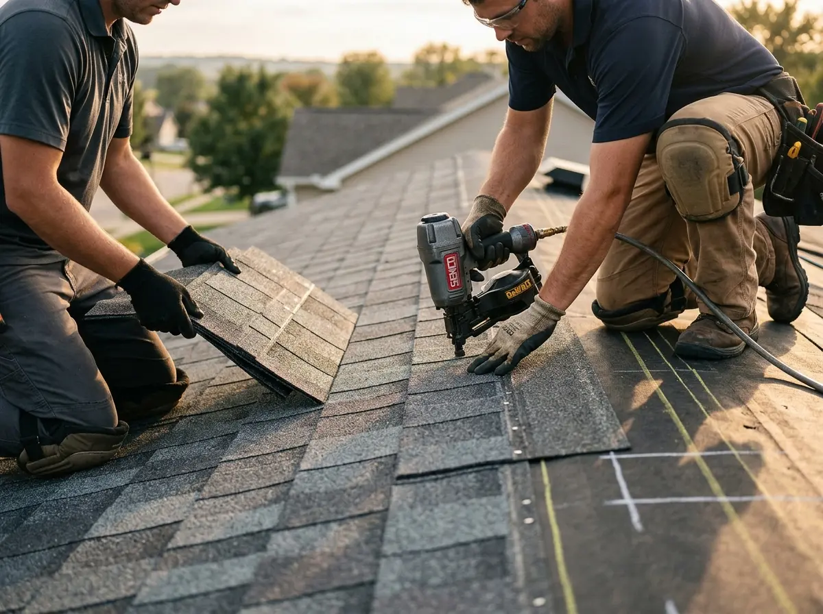 Professional roofer working on a residential roof in Reynoldsburg
